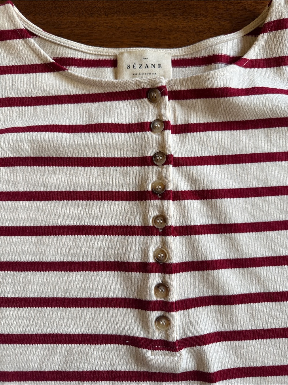 Sezane Gatsby Cream and Burgundy Striped Button-Front Top - Picture 3 of 10